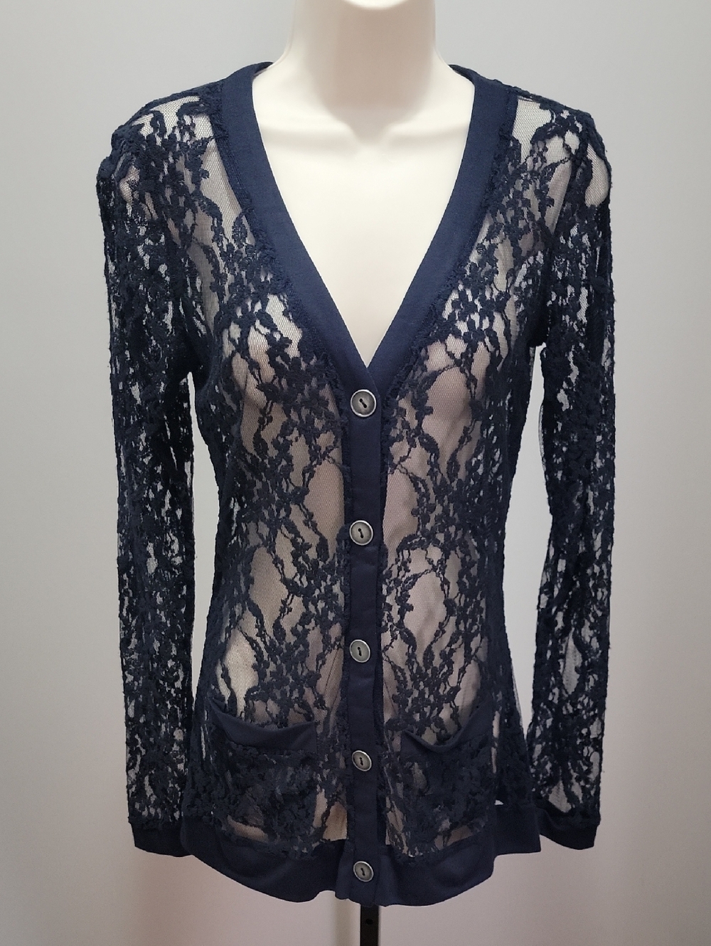 Vanity Navy Sheer Lace Button-Front Cardigan Sz S